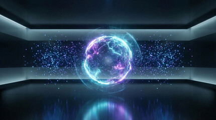 Glowing digital globe with vibrant purple and blue lights in modern futuristic room