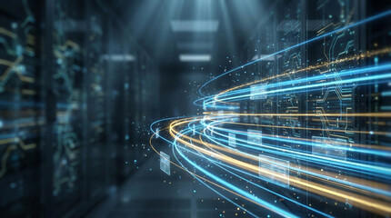 Futuristic data center with glowing blue and orange light trails