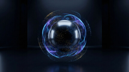 Glowing blue and purple orb with sparkling particles floating in dark space