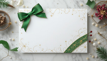 A white envelope-style card with a bright green ribbon bow at the top-left, surrounded by festive greenery and a marble-like background; 4K, HD