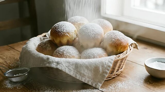 A visually appealing close-up captures the delightful process of powdered sugar being delicately sifted over a basket filled with freshly baked golden buns. The warm pastries, nestled in a rustic wick