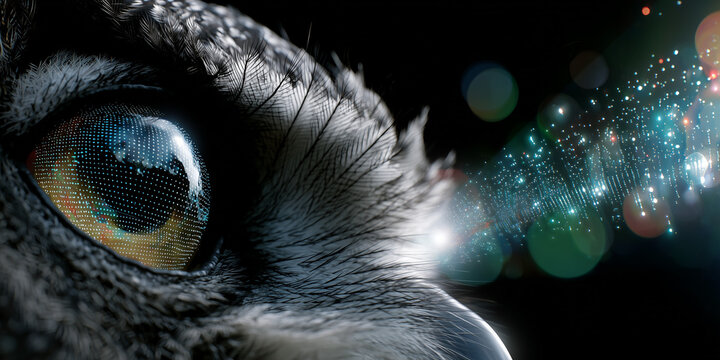 Futuristic owl Eye with Glowing Digital HUD showing data input and analyzing process   - Powered by Adobe