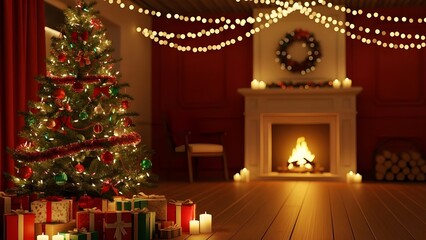 Fototapeta premium Cozy christmas scene with fireplace and decorated tree