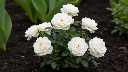 Obraz premium Beautiful white roses blooming in a garden with dark soil.