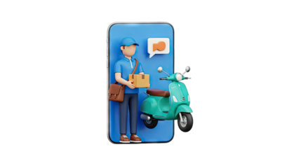 Delivery Man Holding Package with Scooter and Smartphone