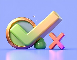 Gradient checkmark and cross rendering on light blue, circular gold frame and glossy accents