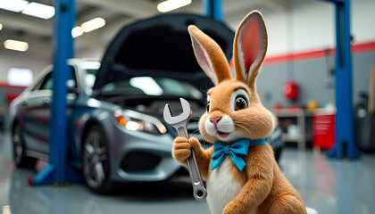 Cute brown Easter bunny wearing a blue bowtie holds a metal wrench in a professional auto repair shop with a car on a lift, automotive service promotion, holiday marketing or workshop branding