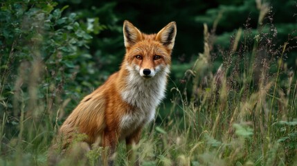 Fototapeta premium A red fox is sitting in tall grass. The fox is looking at the camera. The scene is peaceful and quiet