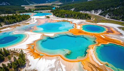 Obraz premium Vibrant geothermal pools showcase nature's stunning artistry with dazzling turquoise, azure, and orange hues