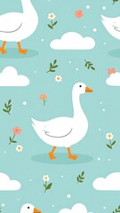 Goose pattern on blue background with flowers and clouds, minimalist, soft and cute
