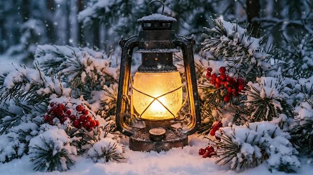 A warm, inviting glow emanates from an old-fashioned rustic lantern, nestled amidst a blanket of fresh, sparkling snow. Delicate evergreen pine branches, heavily laden with snow, frame the scene, ador