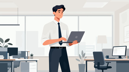Fototapeta premium A man in a white shirt and black pants is standing in front of a computer with a laptop. He is smiling and he is enjoying his work. The office setting is clean and organized, with several chairs