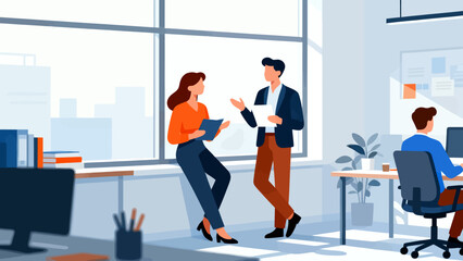 Naklejka premium A man and a woman are talking in a cubicle. The woman is holding a book. The man is wearing a suit