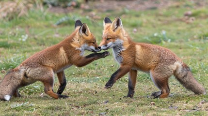 Two Playful Red Foxes Interacting on Grassy Field in Natural Outdoor Setting