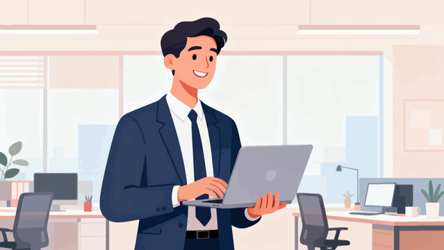 A man in a suit is smiling and holding a laptop. Concept of professionalism and productivity