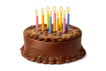 Chocolate birthday cake celebrating special occasion with colorful candles and sprinkles, transparent background