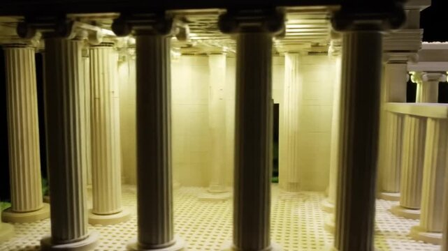 A miniature classical temple diorama, crafted with precision and bathed in warm, soft lighting