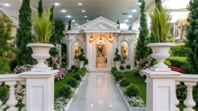 An opulent, classical-style garden entrance with a symmetrical design, lush greenery, and ornate features