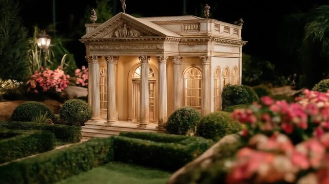 Miniature classical building surrounded by a meticulously crafted garden, illuminated at night