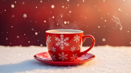 Fototapeta premium Cozy winter morning with snowflakes and hot beverage in red cup
