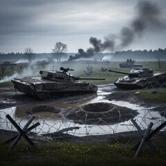Tanks in a muddy battlefield with barbed wire and smoke under a gloomy sky.