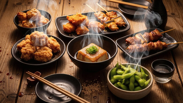 Assorted Japanese dishes arranged for sharing at an izakaya table during evening.
