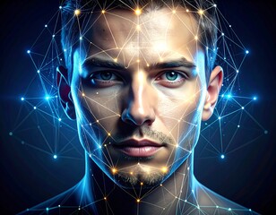 Man's face with glowing digital lines superimposed on a dark background