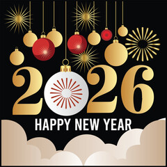 Golden 2026 numbers with a sparkling snowflake in the middle and happy new year text on a dark red bokeh background