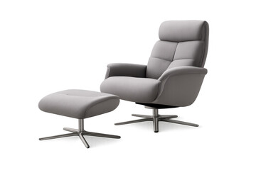 Naklejka premium Modern gray lounge chair with ottoman providing comfort and relaxation, featuring a swivel base and contemporary design