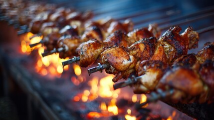 Chicken is placed on skewers and grilled over a bright open flame. Smoke and heat rise as people gather around enjoying the warm evening and delicious food.