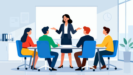 Obraz premium A woman is standing in front of a group of people in a meeting room. The woman is wearing a suit and is giving a presentation. The people in the room are seated in chairs