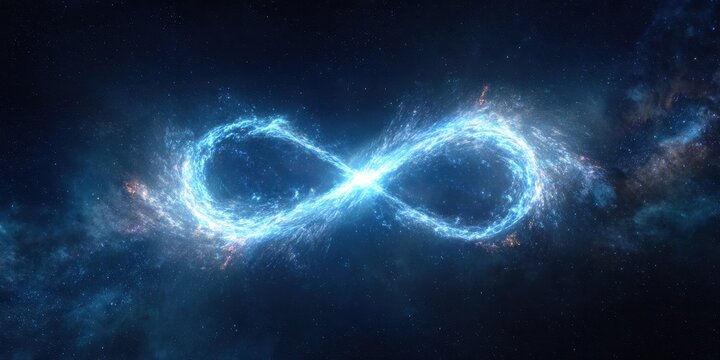 Glowing infinity symbol formed by cosmic energy and blue nebula stars in deep space