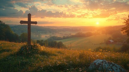 A wooden cross on a hilltop at sunset, bathed in golden light.  A serene, tranquil landscape stretches out below, painted with the warm hues of the setting sun.  A tranquil scene of peace and faith
