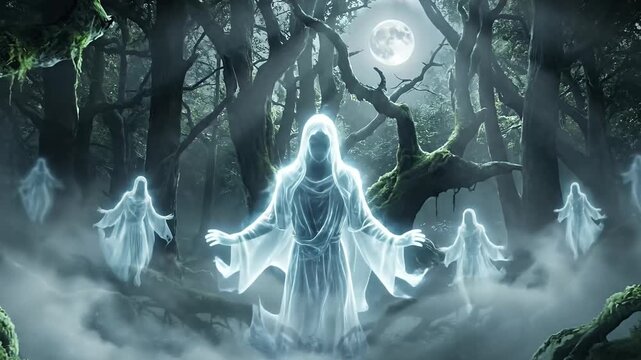 An enchanting and eerie nocturnal forest scene, illuminated by a brilliant full moon, reveals a mystical gathering of spectral figures. Several translucent, hooded beings with flowing robes float grac