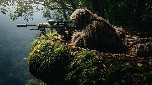 Sniper in ghillie suit aiming rifle from cliffside in forest.
