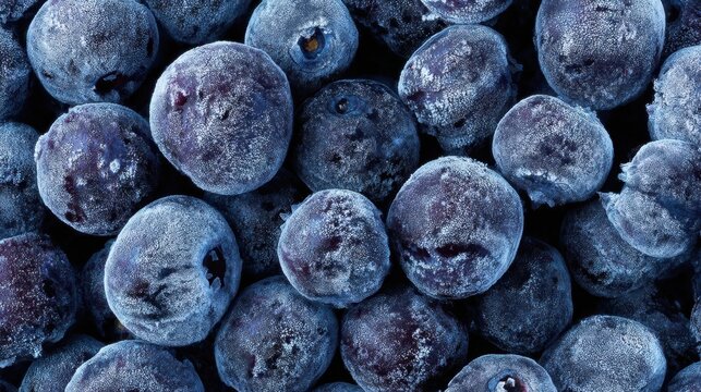 A close up of blue frozen blueberries. The blueberries are covered in ice and snow. Concept of coldness and stillness - Powered by Adobe