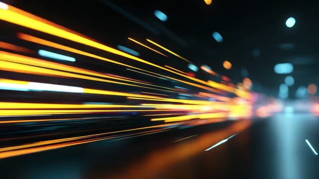 Abstract motion blur effect showcasing vibrant light streaks. Perfect for conveying speed, dynamics, and modernity in various technology and transport contexts.
