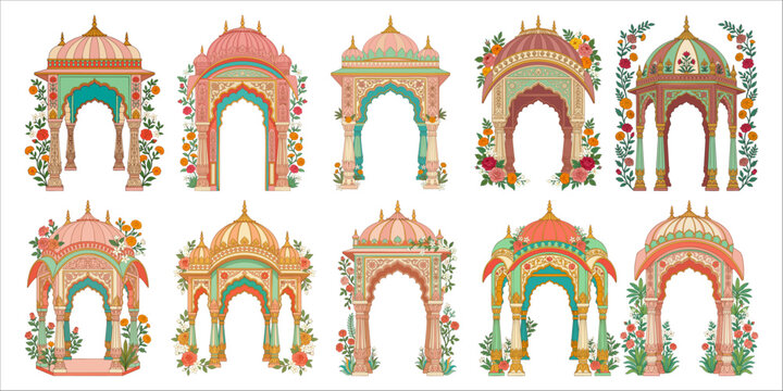 Set of traditional Indian wedding mandap vector illustrations featuring floral decorations, Mughal domes, and ornate pillars for marriage invitation cards and cultural event design elements.