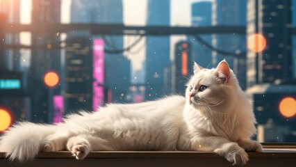White Cat Relaxing on Window Sill Cityscape.