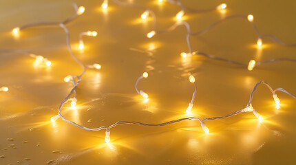 warm string lights on a yellow/golden background, 4K and HD