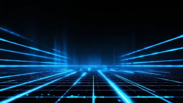 A futuristic digital landscape with glowing blue lines extending across a dark background. Ideal for themes of innovation, virtual reality, and technology advancement.