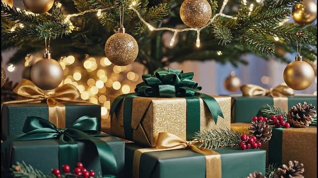 Christmas gifts under tree with golden ornaments.