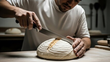 Male baker scoring artisan sourdough bread by hand, rustic bakery photography for craft baking and food branding