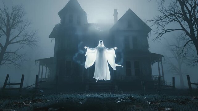 An ethereal, glowing ghostly apparition manifests dramatically in front of a dark, abandoned mansion, enveloped in thick, eerie fog. The haunting scene evokes a chilling, supernatural mystery, set aga