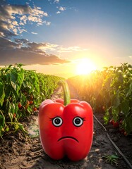A large, sad-faced red vegetable stands in a field of plants against a scenic sunset