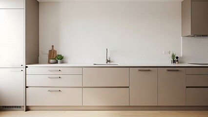 Stylish urban kitchen with champagne-beige matte cabinetry and clean quartz countertop, eye-level balanced composition, bright interior photography for professional home branding and stock use