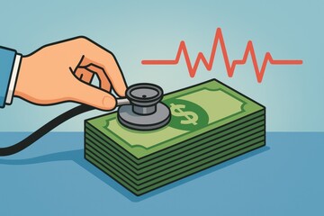 Doctor uses technology to check health of money symbolizing preventive care and medicine for patient financial information in medical form with heartbeat line