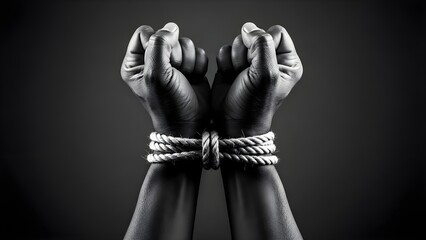 Hands tied with rope in a black and white image symbolizing captivity and struggle.