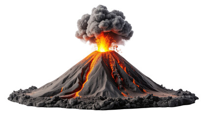 Single Miniature Erupting Volcano with Glowing Orange Lava and Dark Grey Ash Plume, Science and Geological Model, Isolated on Transparent Background PNG