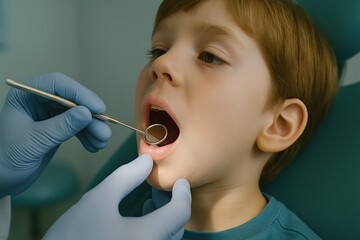 Doctor uses technology and medicine to check health of young patient by examining mouth and filling out form with information for preventive care